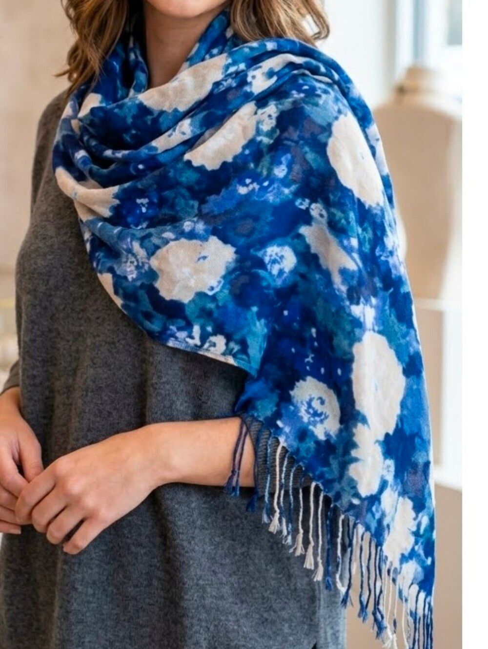 Apt. 9 Blue & White Watercolor Floral Fringed Scarf Lightweight Wrap 72"×22"